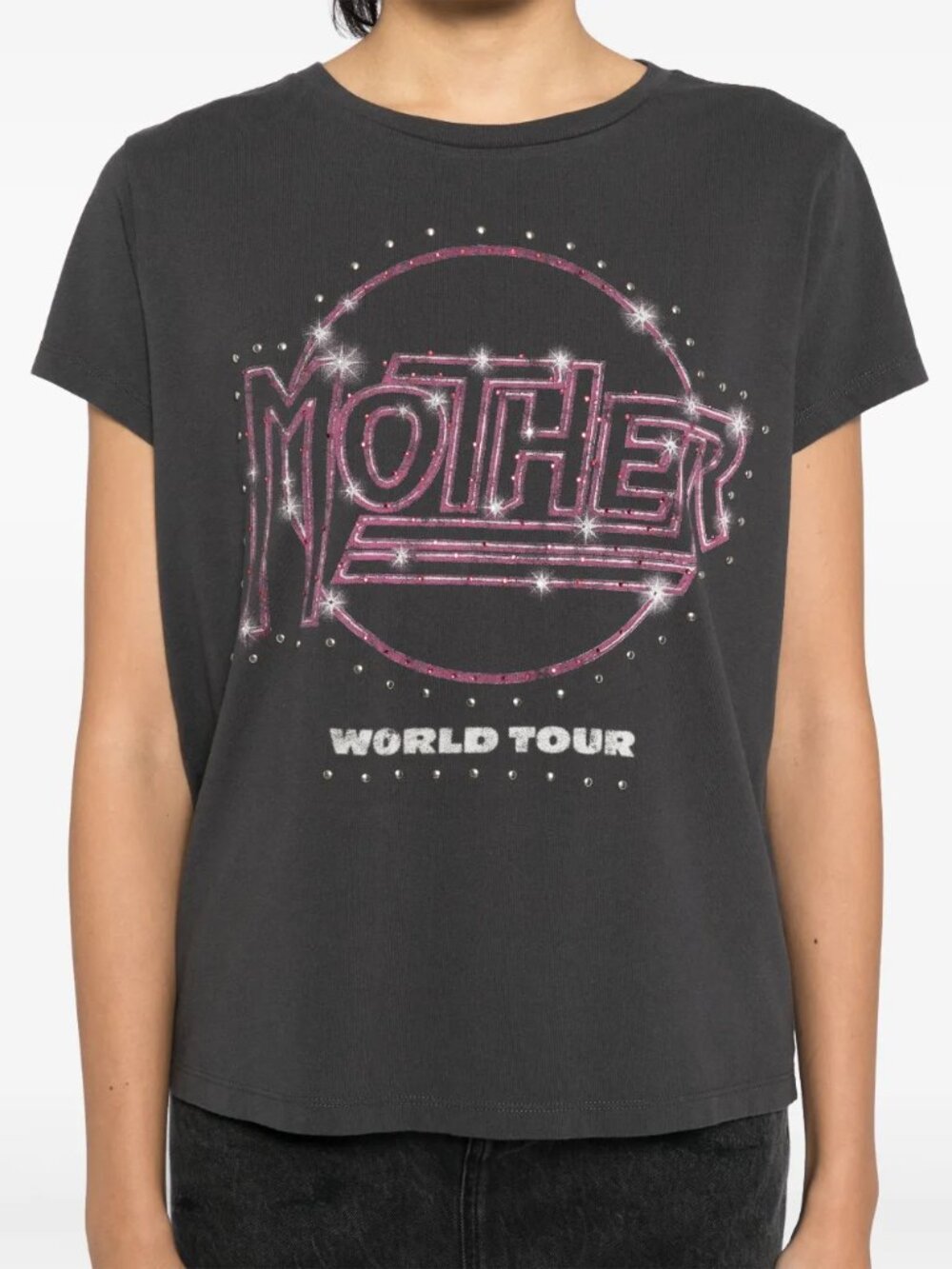 MOTHER Women's "World Tour" Boxy Goodie Goodie Tee XL Embellished Black Graphic